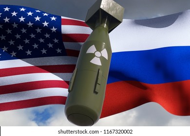 USA VS Russia Conflict. Square Flags. Nuclear Weapons. Cold War Illustration. 3D Render