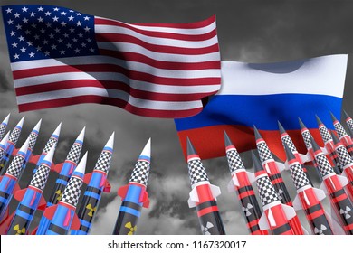 USA VS Russia Conflict. Square Flags. Nuclear Weapons. Cold War Illustration. 3D Render