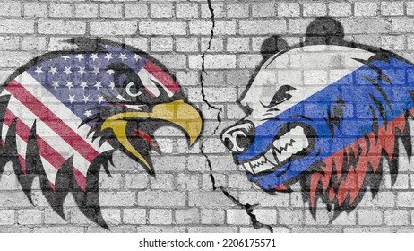 USA Vs Russia, Eagle With The American Flag Versus Bear With The Russian Flag Russian, Painted On A Wall In The Mornings And A Crack In The Middle. Conceptual Illustration