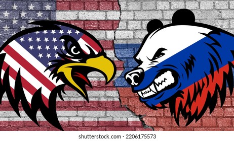 USA Vs Russia, Eagle With The American Flag Against Bear With The Russian Flag Russian. In The Background A Brick Wall With The Flags Of The Two Countries. Conceptual Illustration