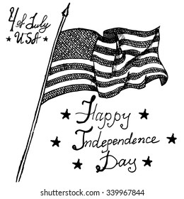 Usa Waving Flag, American Symbol, Forth Of July, Hand Drawn Sketch, Text Happy Independence Day, Illustration, Isolated On White.