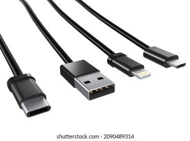 USB Data Cables Type A, And Type C Plugs, Micro USB And Lightning, Universal Computer And Phone Connection On White Background. Isolated Usb Cord.  Charger Usb Cable On A White Background. 3D Render. 