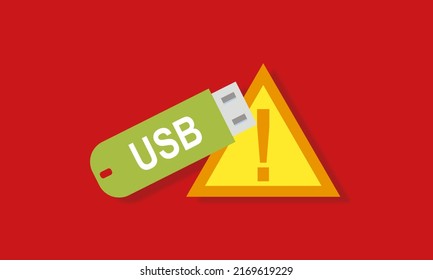 USB device, flash drive, warning sign. USB danger, damaged usb, unsafe removal of USB devices, viruses on removable devices, data loss. - Powered by Shutterstock