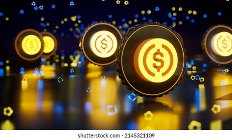 Usd coin cryptocurrency token symbol. Financial and business on blockchain technology. 3d render