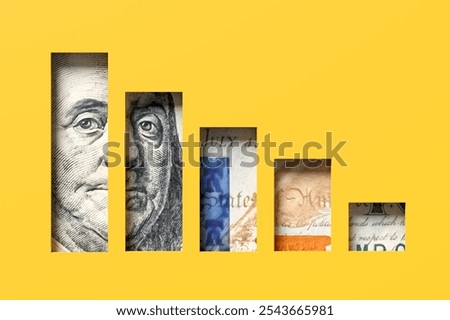 USD dollar value decline and devaluation. Bar graph made of holes in yellow paper is revealing us dollar banknotes of decreasing values. 3d render.
