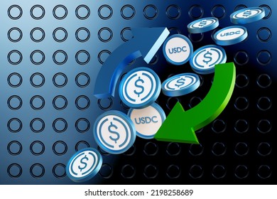 USDC Interchange. Coins With Dollar And USDC Logo. Interchange Fiat Currencies To Stablecoin. Cryptocurrency Equal To US Dollar. USDC Interchange Banner. Trading Blockchain With Stablecoin. 3d Image.