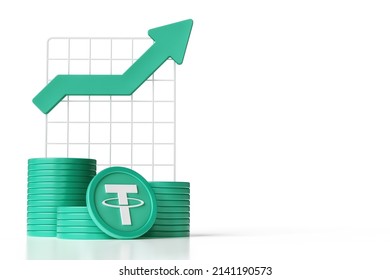 Usdt Tether Stablecoin Cryptocurrencies Stacked Next To A Chart Board With An Uptrend Arrow. Illustrative Design Suitable For Digital Assets Concepts. High Quality 3D Rendering.