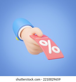 Use Coupon For Shopping Online. 3D Hand Holding Discount Price Tag Floating Isolated On Blue. Special Time, Flash Sale, Limited Promotion Offer Concept. Cartoon Icon Smooth. 3d Render. Clipping Path.