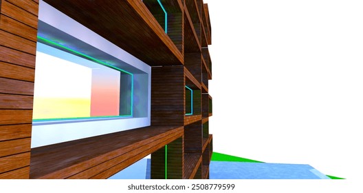 The use of wooden elements for exterior cladding of modern residential buildings. 3D rendering.