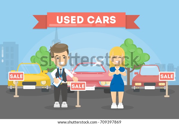 Used cars store.
Woman wants to buy the
car.