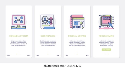 User Analysis Digital System, Programming Technology Illustration. UX, UI Onboarding Mobile App Page Screen Tech Set With Line Scramble System Development, Programm Code Problem Solving Symbols