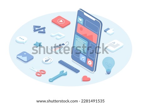 User interface design and user experiences development. App interface improvement. Phone with layout of web page. Raster illustration in 3d design. Isometric web banner.	
