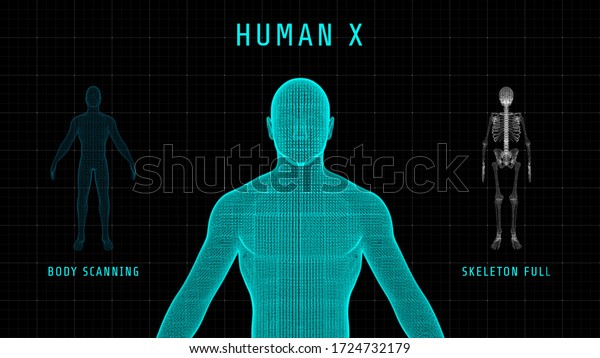 User interface of\
human and skeleton animation. Hologram display human technology on\
screen. concept of technology digital, HUD interface, genetic\
engineering and\
holographic.