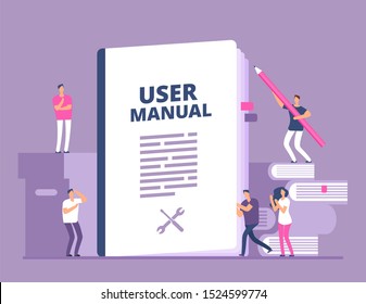 User Manual Concept. People With Guide Instruction Or Textbooks. User Reading Guidebook And Writting Guidance. Illustration