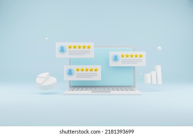User review concept. 3d render illustration of laptop, floating review with stars and a chart of pie and bar.