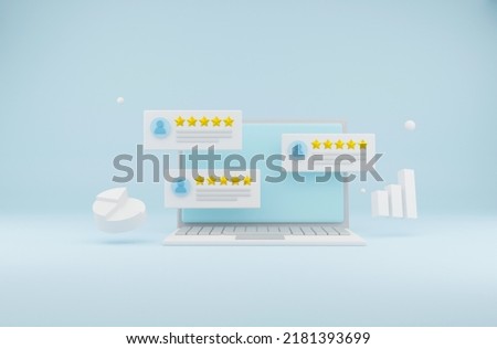 User review concept. 3d render illustration of laptop, floating review with stars and a chart of pie and bar.