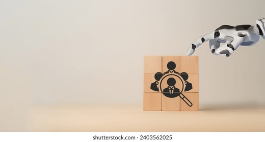 Using AI for recruiting concept. 3d rendering robot hand put ,pick or choose the one who got idea or special or right man for job than other in human resources management (hrm) or recruitment concept.