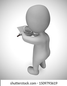 Using magnifier to inspect means looking into and reviewing. Examination closely to analyse defects - 3d illustration
