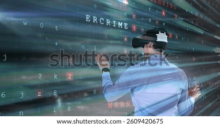 Using virtual reality headset, person interacting with cybercrime data and numbers. Technology, cybersecurity, interaction, hacking, digital, innovation