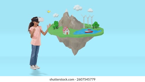 Using VR headset, child exploring virtual reality island in school environment. technology, education, learning, interactive, exploration, innovation