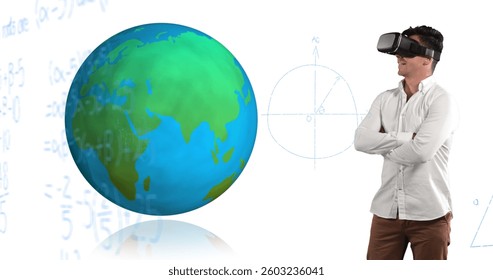 Using VR headset, man explores virtual globe with mathematical equations behind him. Technology, innovation, exploration, virtual reality, digital, futuristic