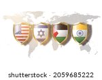 us,israel,United Arab Emirates and india flag in golden shield on world map background .second quad group.West Asian Quad.i2u2 group.