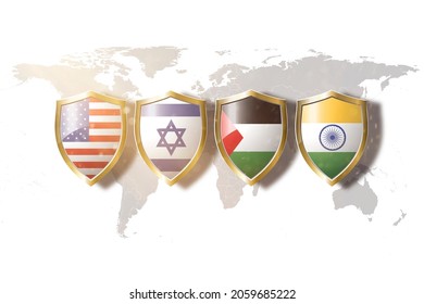 Us,israel,United Arab Emirates And India Flag In Golden Shield On World Map Background .second Quad Group.West Asian Quad.i2u2 Group.