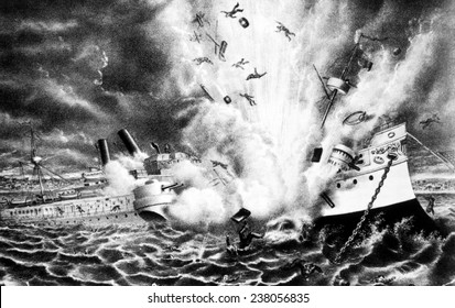 The U S S  Maine being blown up in the harbor Havana  Cuba  1898