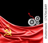 Ussr flag of silk with metal gear,arrow for financial chart and black background -3D illustration