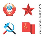 USSR symbols flat icon set. Soviet flag, hammer and sickle, coat of arms and star.