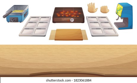 Utensils For Cooking Game Wooden Table, Grill Deep Fryer, Metallic Holder, Plate, Soda Dispenser Hands. Cartoon Illustration