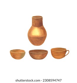 utensils molded by hands on a red clay potter's wheel, hand drawn watercolor illustration isolated, picture for illustration of household utensils, jug, cup, bowl - Powered by Shutterstock