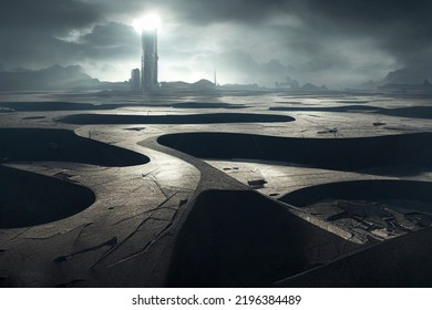 Utopian Dark City Background, 3d Render, 3d Illustration