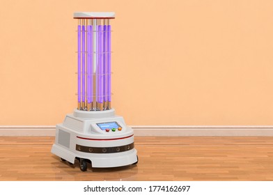 UV-Disinfection Robot in room near wall, 3D rendering
