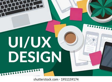 UX UI design concept web banner. User experience designer workspace with mobile app wireframe sketches. Flat lay