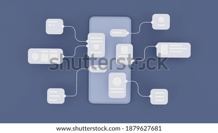 UX UI flowchart connection node graphic designer creative planning application process development data prototype wireframe for web mobile icon phone . User experience concept. 3d rendering.