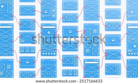 UX UI flowchart connection node graphic designer creative planning application process development data prototype wireframe for web mobile icon phone . User experience concept. 3d rendering.