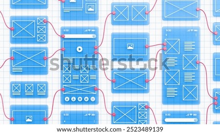 UX UI flowchart connection node graphic designer creative planning application process development data prototype wireframe for web mobile icon phone . User experience concept. 3d rendering.
