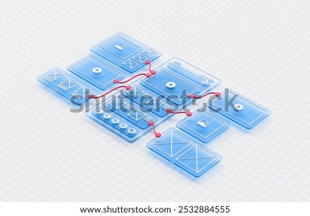 UX UI flowchart connection node graphic designer creative planning application process development data prototype wireframe for web mobile icon phone . User experience concept. 3d rendering.