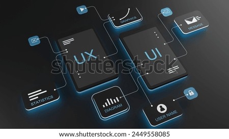 UX user interface flowchart, connection mode graphic designer, application process development, data prototype, website framework, mobile black icon phone. The concept of user interaction.