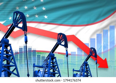 Uzbekistan oil industry concept, industrial illustration - lowering, falling graph on Uzbekistan flag background. 3D Illustration - Shutterstock ID 1794176374