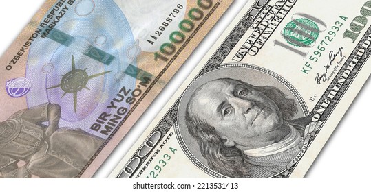 Uzbekistani Soum And US 100 Bill. Close Up Uzbekistan Banknotes And US Banknotes