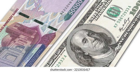 Uzbekistani Soum And US 100 Bill. Close Up Uzbekistan Banknotes And US Banknotes