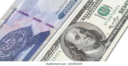 Uzbekistani Soum And US 100 Bill. Close Up Uzbekistan Banknotes And US Banknotes