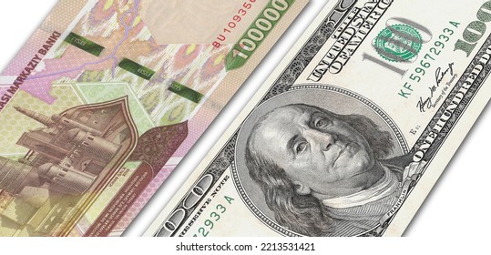 Uzbekistani Soum And US 100 Bill. Close Up Uzbekistan Banknotes And US Banknotes