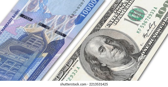 Uzbekistani Soum And US 100 Bill. Close Up Uzbekistan Banknotes And US Banknotes