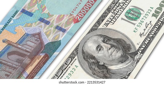 Uzbekistani Soum And US 100 Bill. Close Up Uzbekistan Banknotes And US Banknotes