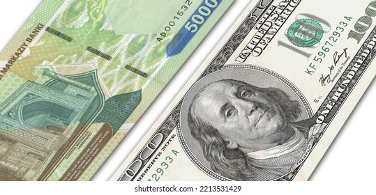 Uzbekistani Soum And US 100 Bill. Close Up Uzbekistan Banknotes And US Banknotes