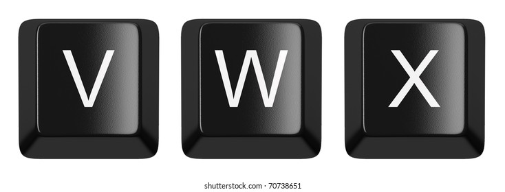 V, W, X black computer keys alphabet isolated on white