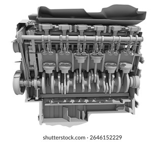 V12 Cutaway Car Engine Sectioned in Clay Style Render on White Background 3D Rendering